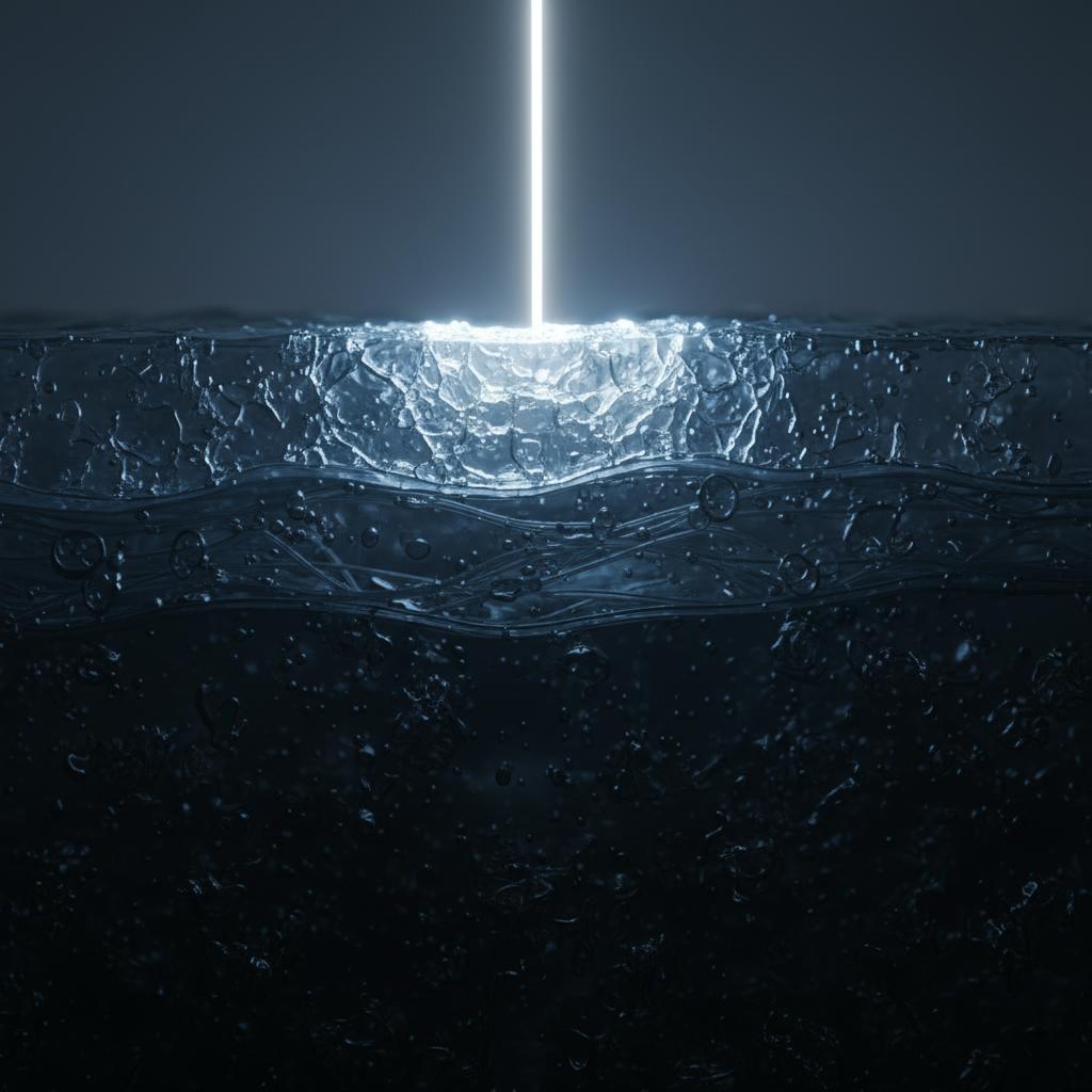 Луч света падает на прозрачный блок и рассеивается на поверхности, не проникая внутрь