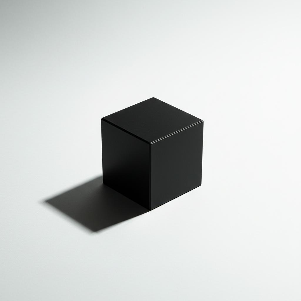 Чёрный куб на белой поверхности с резкой тенью