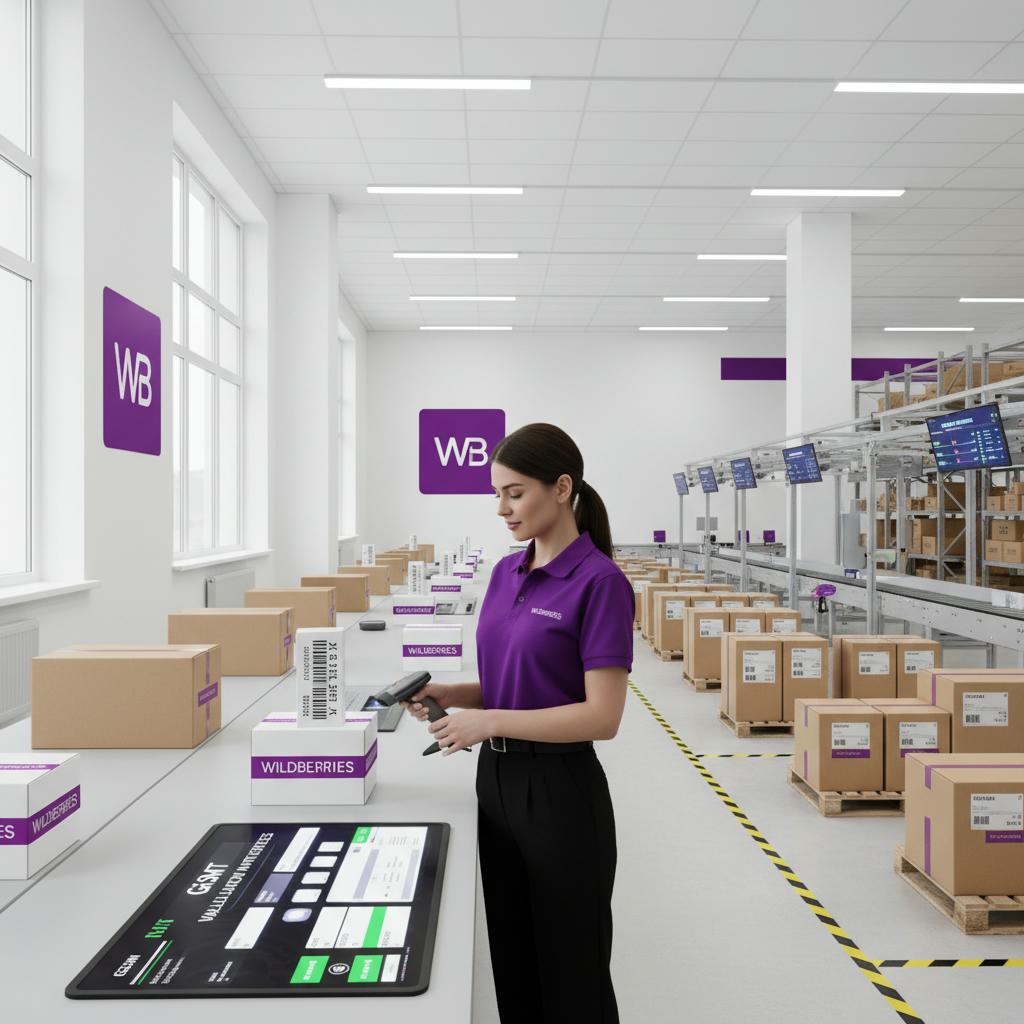 Сотрудница склада Wildberries сканирует код маркировки Data Matrix на товаре в современном фулфилмент-центре 2026 года — пошаговая инструкция как стать поставщиком Wildberries 2026 с реальными требованиями по маркировке и сертификации