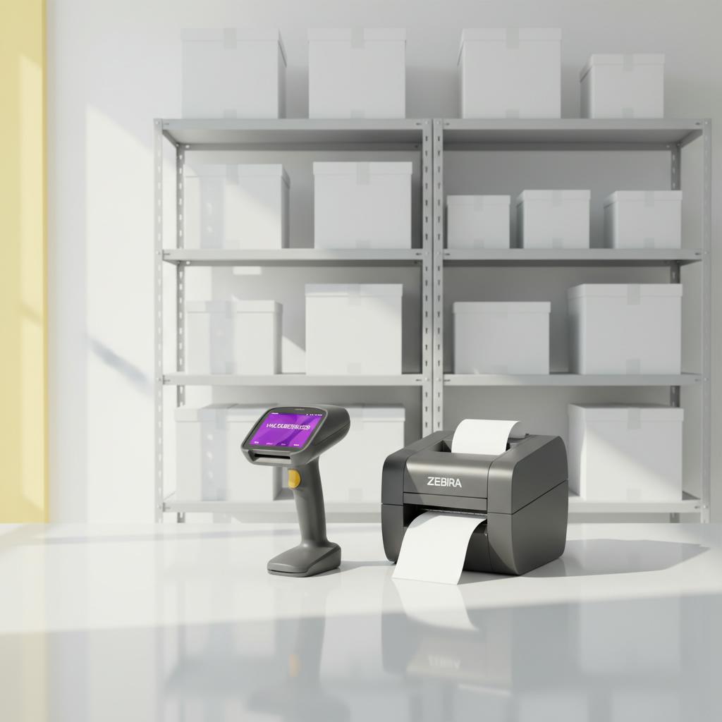 Современное оборудование для склада ПВЗ 2026: ТСД-сканер с Android, принтер этикеток Zebra, стеллажная система на белом фоне — список необходимой техники для пункта выдачи заказов Wildberries и Ozon