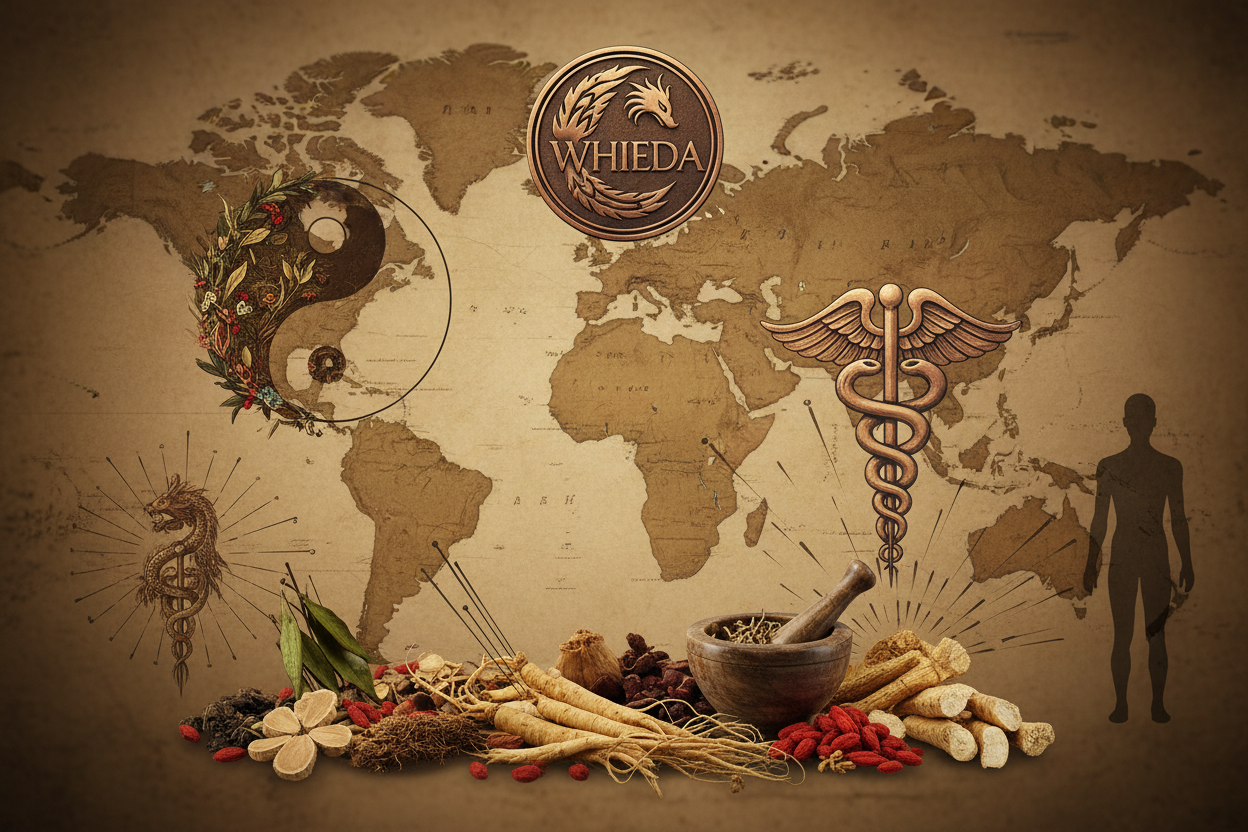 Коллаж китайских корней и международной ассоциации WHIEDA на фоне мирового континента