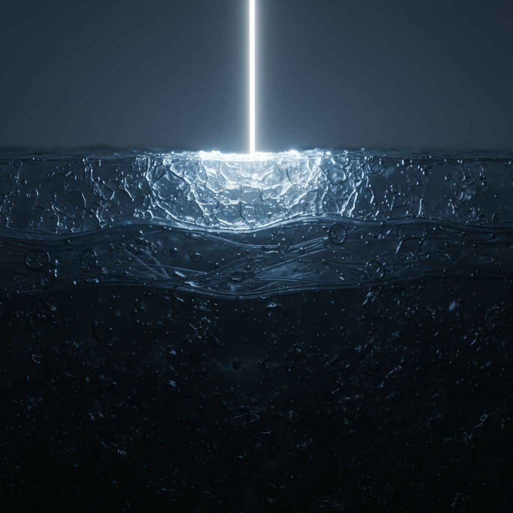 Луч света падает на прозрачный блок и рассеивается на поверхности, не проникая внутрь