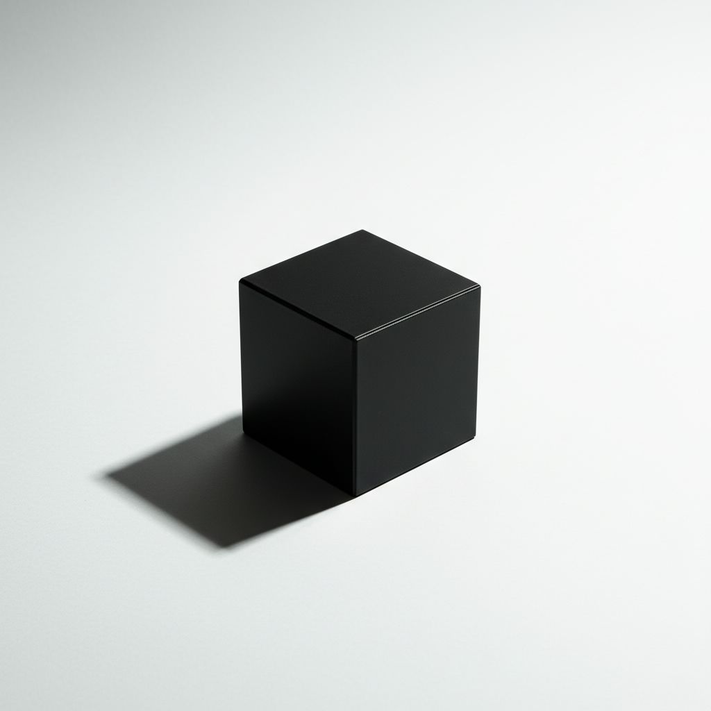 Чёрный куб на белой поверхности с резкой тенью