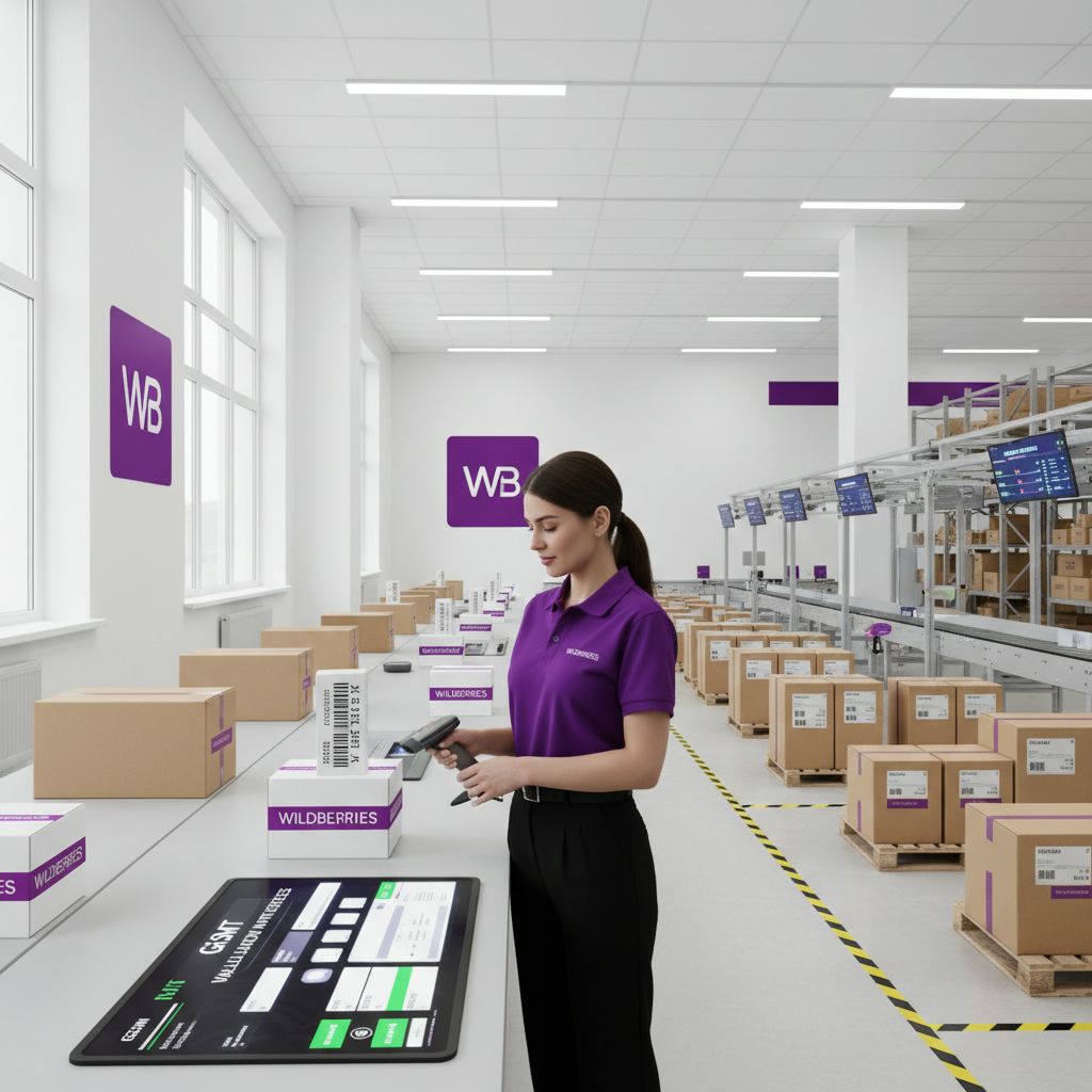 Сотрудница склада Wildberries сканирует код маркировки Data Matrix на товаре в современном фулфилмент-центре 2026 года — пошаговая инструкция как стать поставщиком Wildberries 2026 с реальными требованиями по маркировке и сертификации