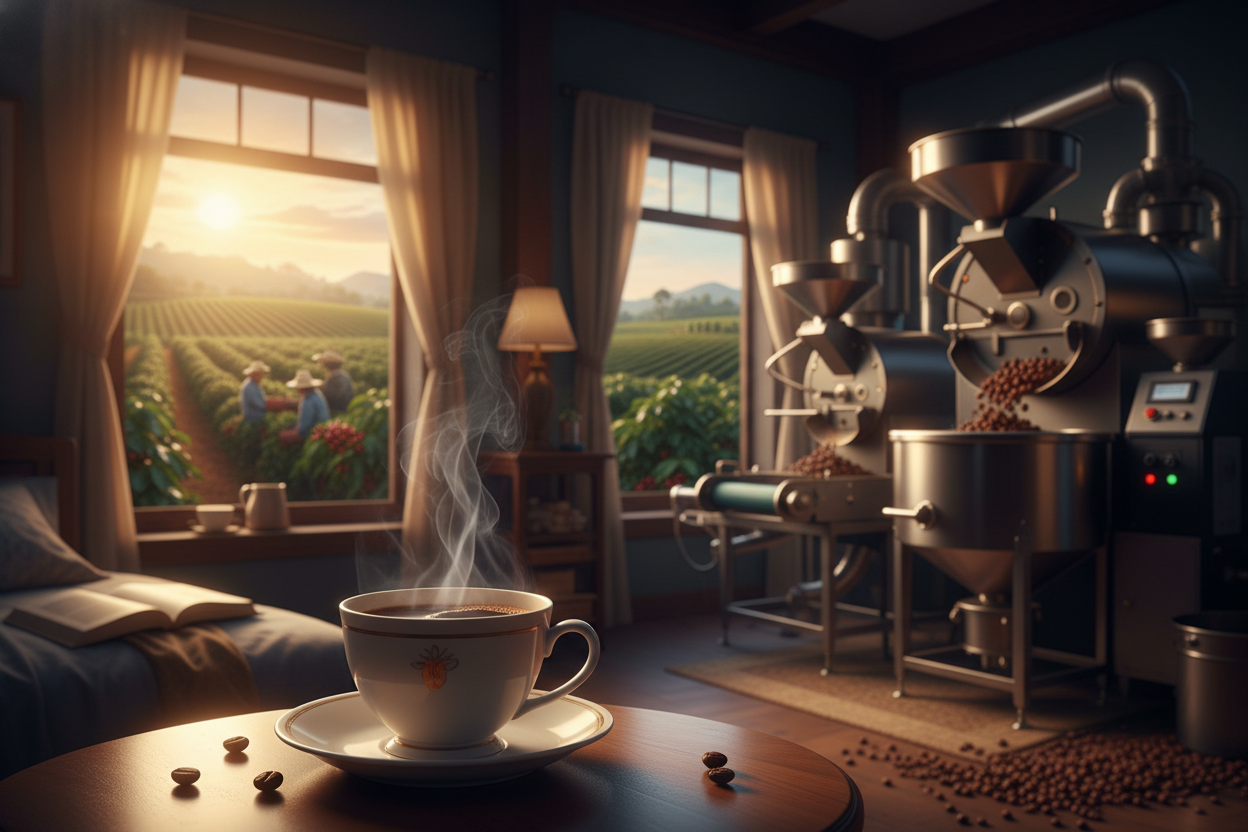 Изображение пути производства кофе: кофейная плантация с урожаем, современное оборудование для обжарки зерен и бариста, готовящий чашку кофе в уютном кафе.