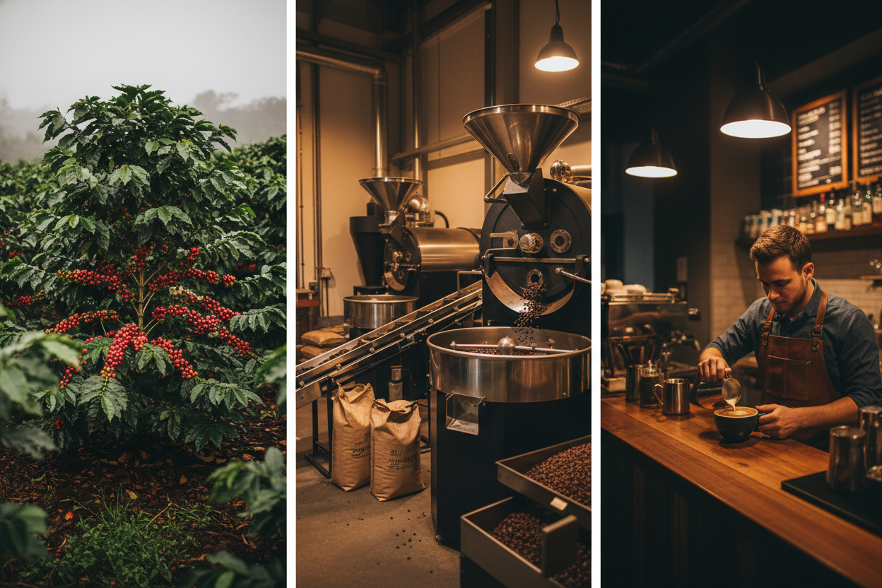Изображение пути производства кофе: кофейная плантация с урожаем, современное оборудование для обжарки зерен и бариста, готовящий чашку кофе в уютном кафе.