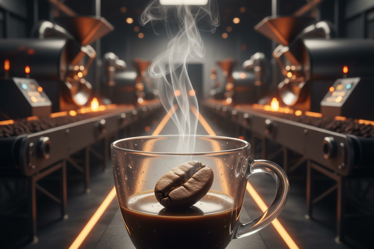 Современное производство кофе в России с обжарочным оборудованием и чашкой кофе в центре